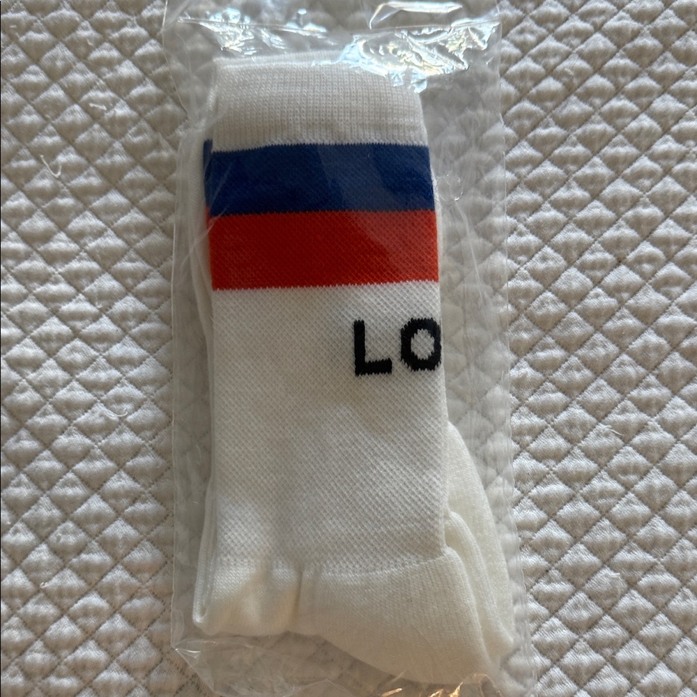 KULE White LOVE Socks with Red and Blue Stripes.